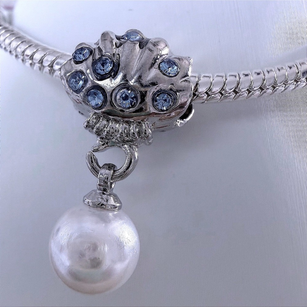 Seashell Blue Crystal Pearl Silver Ocean Charm Fits Snake‎ Chain Bracelet